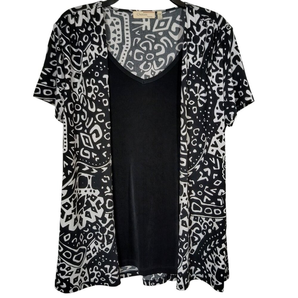 Choices Layered Short Sleeve Top Blouse Black White Stretch Women's Medium